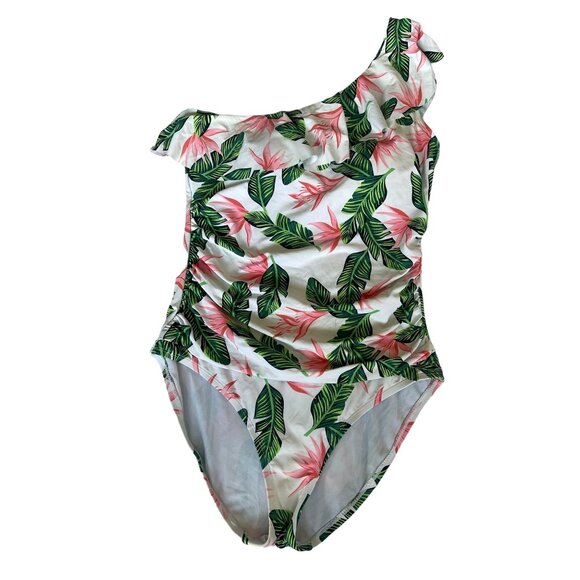 Hilor Womans 14 Tropical One Piece Tummy Control Swimsuit One Shoulder Ruffle - Picture 2 of 7